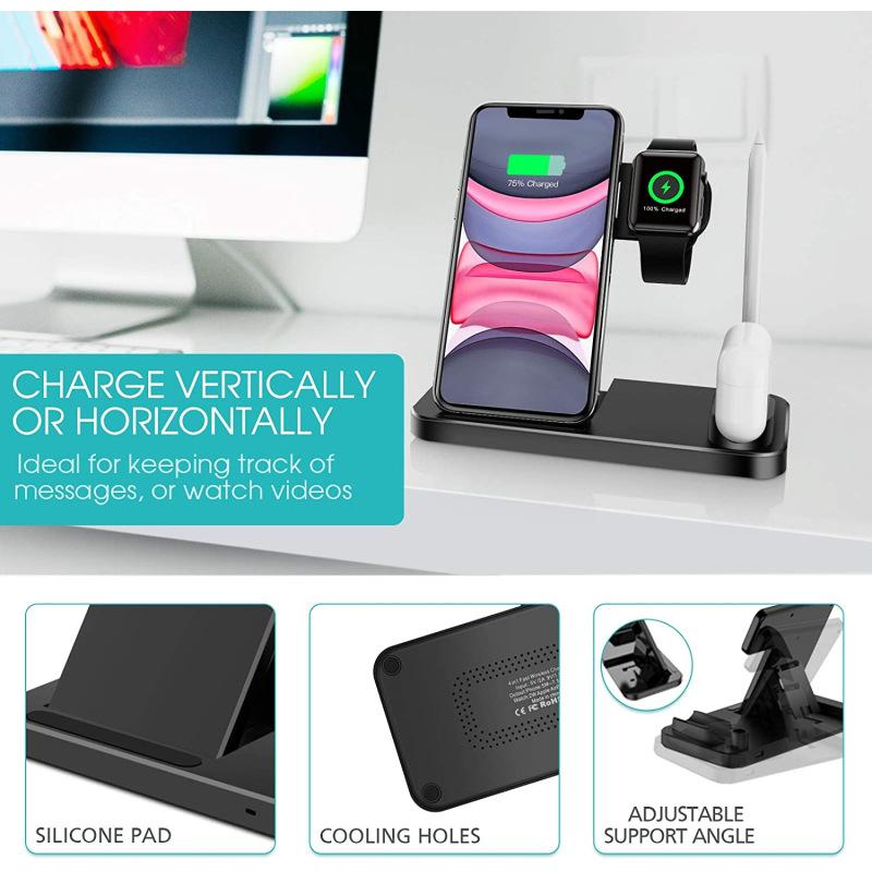 4 in 1 15W schneller kabelloser Ladeständer für iPhone 14 13 12 x 8 Apple Watch faltbare Ladestation für Airpods 3 Pro iWatch