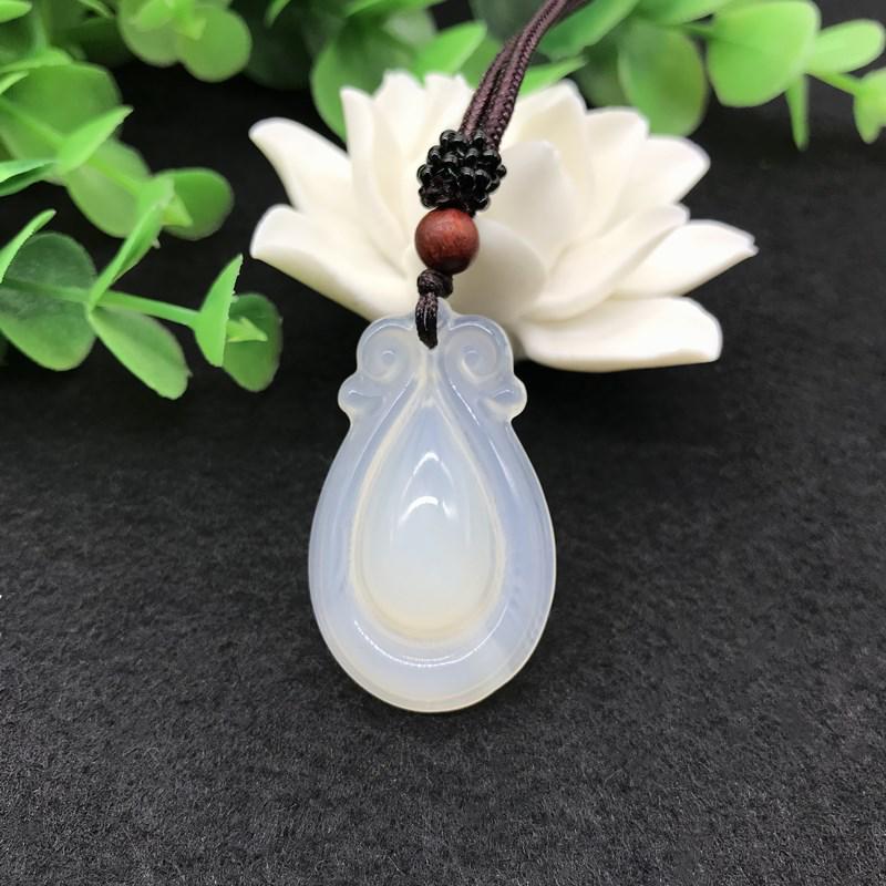 Ice Agate Chalcedony Ruyi Jade Pendant: Unisex White Chalcedony Water Drop Necklace Gift 0181