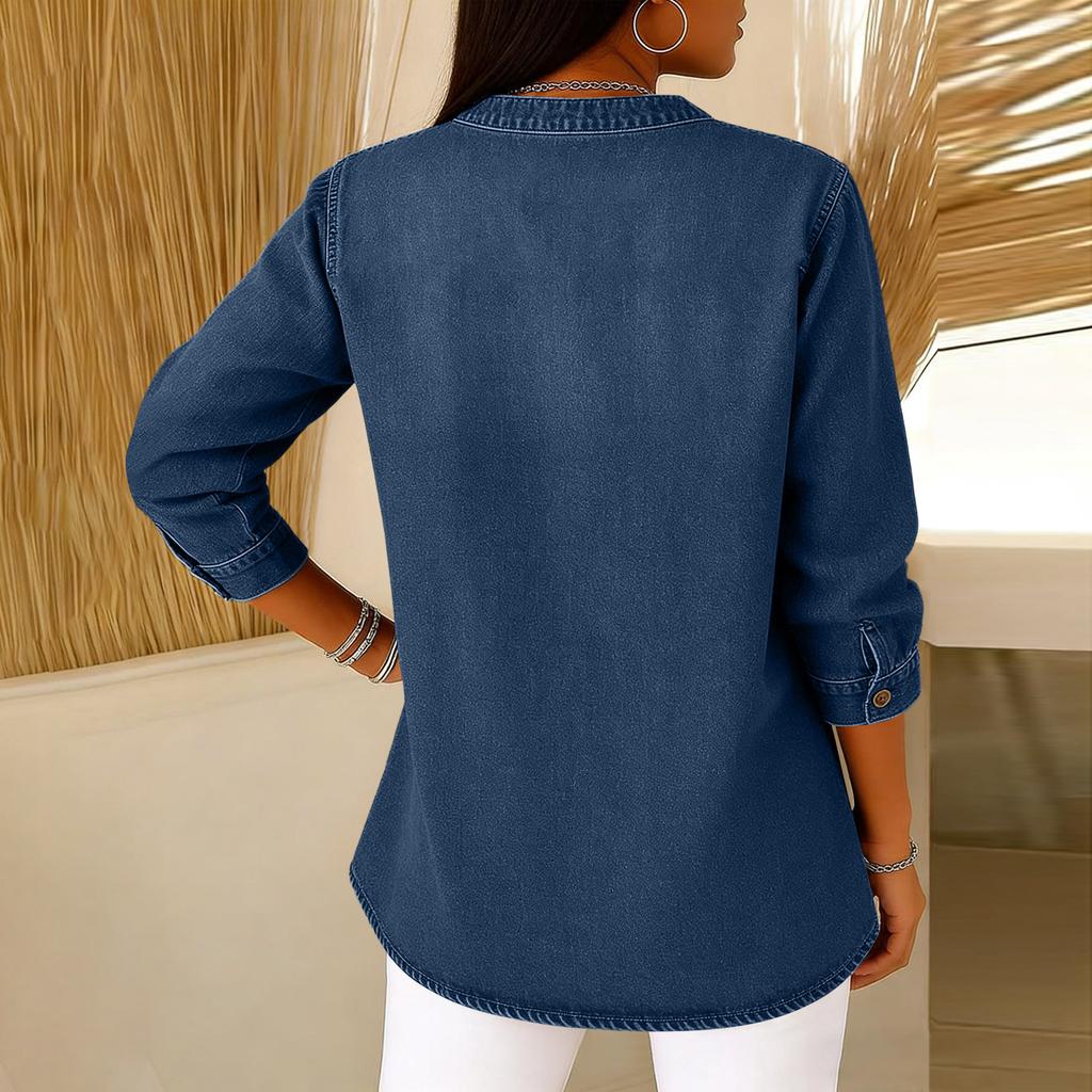 Ladies' Casual V-neck Button Imitation Denim Mid Long Sleeved Top