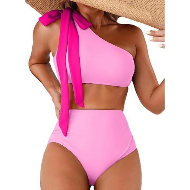 Sexy One Shoulder Two Piece High Waist Bow Tie Bikini Swimwear For Women