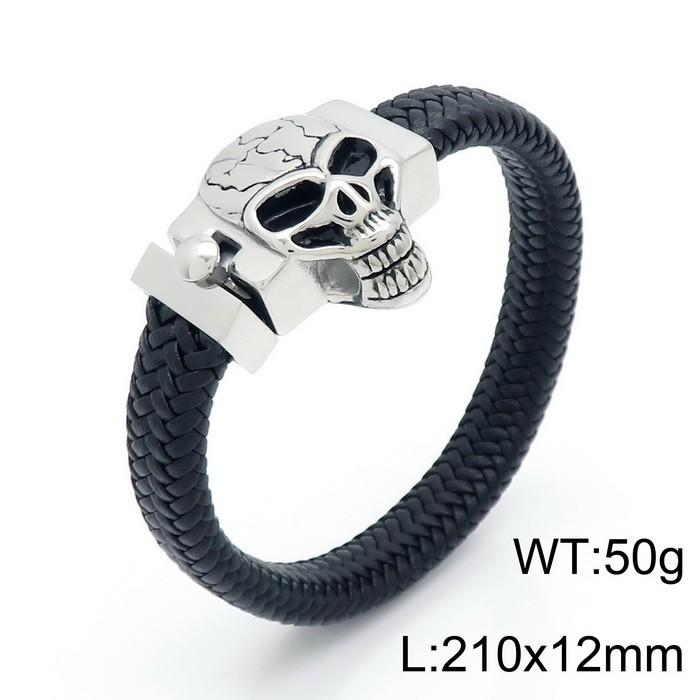 KALEN Men Punk Fashion Bracelets Fine Stainless Steel Leather Wolf Skull Bracelet Bangles 21cm&Punk