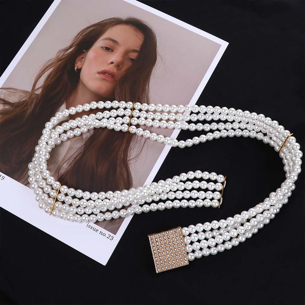 Long Flower Metal Buckle Elastic For Girls Women Waistband Dress Decoration Korean Belt Faux Pearl