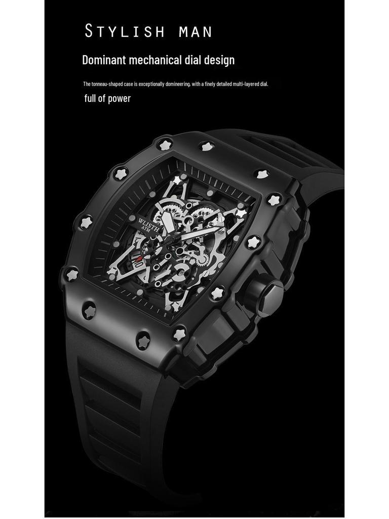 Swiss Brand Men's Sporty Mechanical Watch - Hollowed Large Dial, Luminous, Ideal for Students.