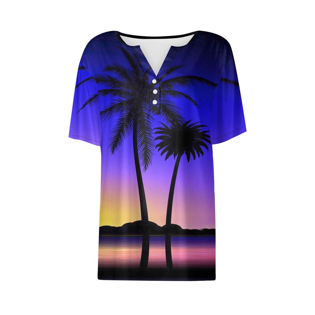 Damen Casual Hawaiianisch Bedrucktes V-Ausschnitt Kurzarm Zierknopf T-Shirt Top