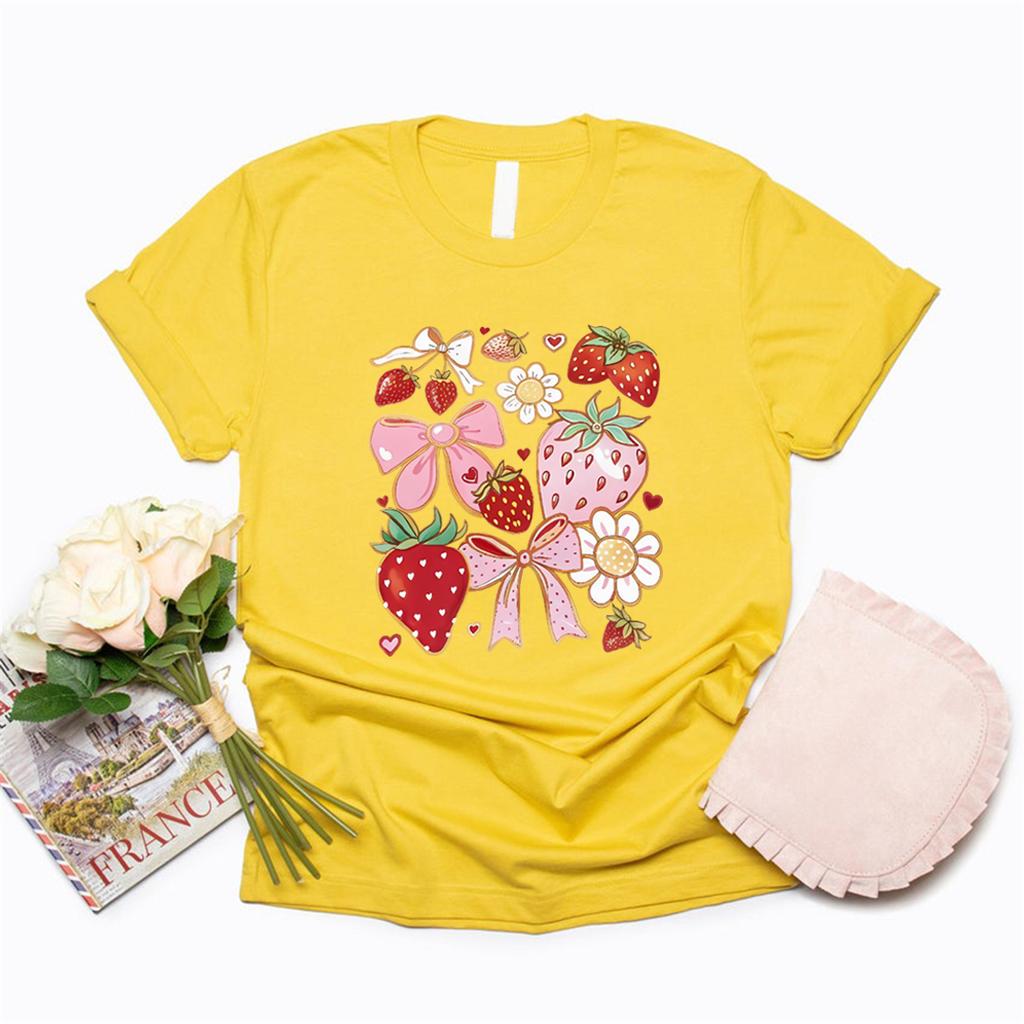 Strawberry Floral Shirt Cute Bow Graphic Tee Cottagecore Aesthetic Clothes Women's Graphic T Shirts Summer Fruit Crewneck Top