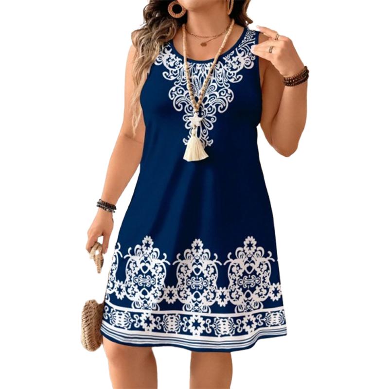Women's Summer Sleeveless Plus Size Beach Dress Casual Crew Neck Printed Boho Midi Dress