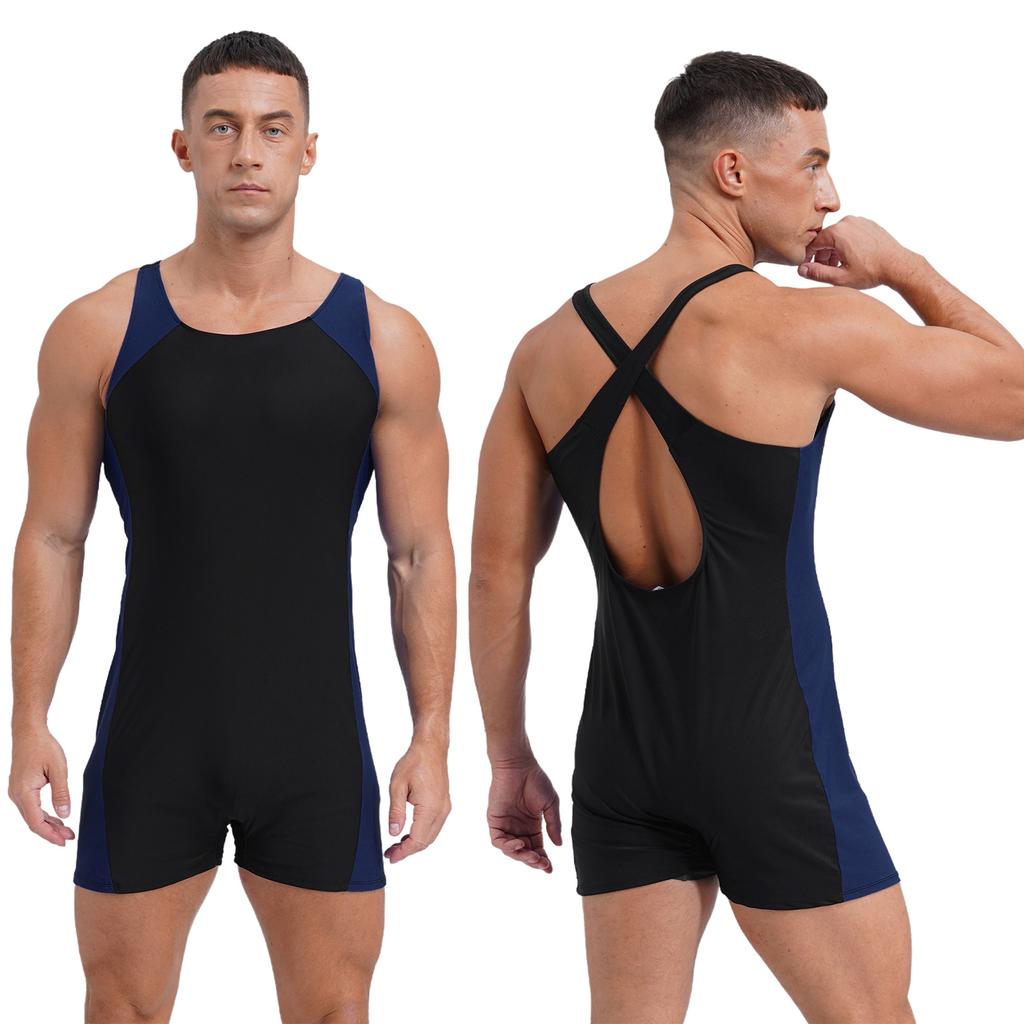 Herren U-Ausschnitt Badeanzug Überkreuzte Träger Schnelltrocknender Body Kontrastbesätze für Pool Strand