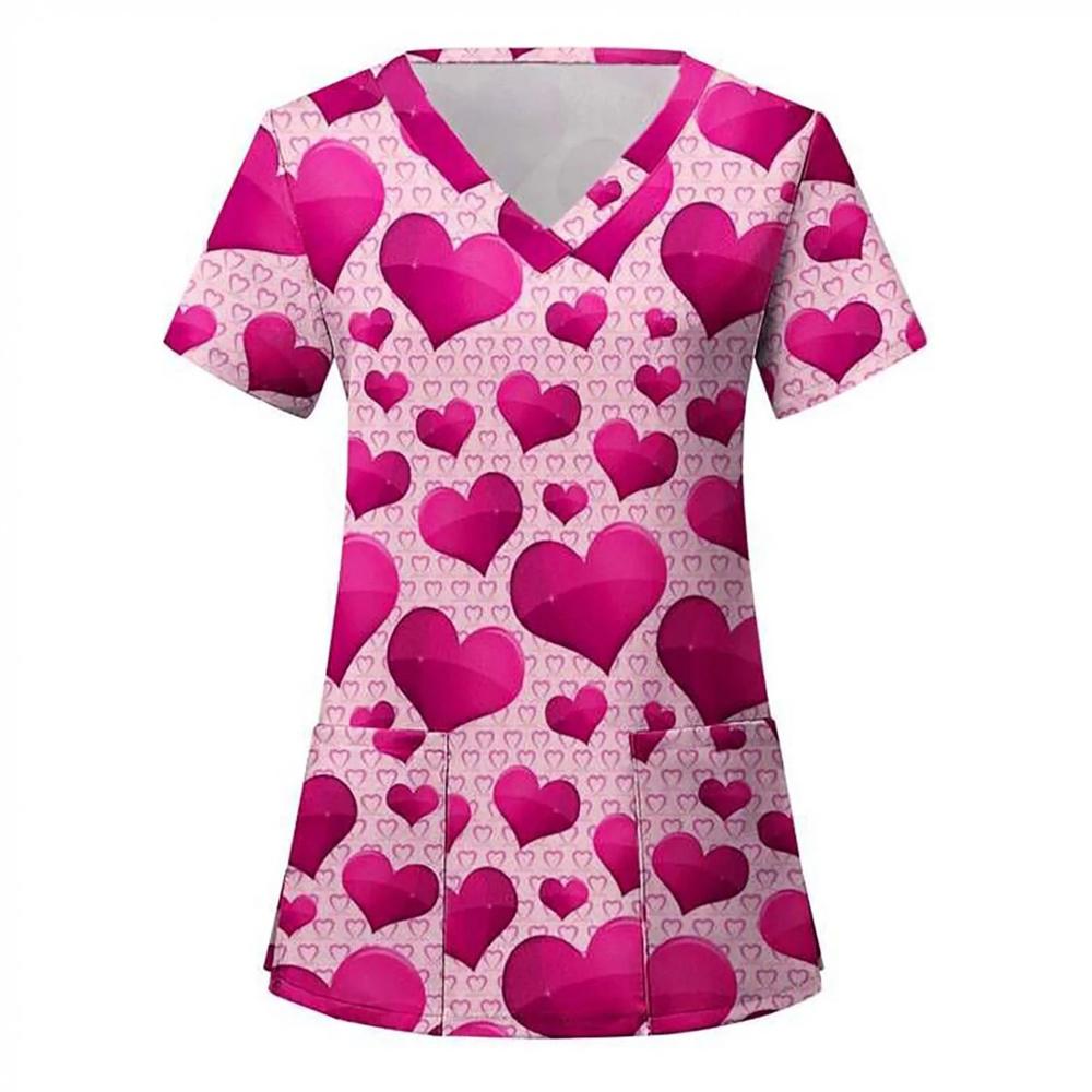 Women Valentines Day Ladies Nurse Uniform Love Print Gradient Short Sleeve Pocket Work Shirt Tunics Carer Medical Nursing Blouse
