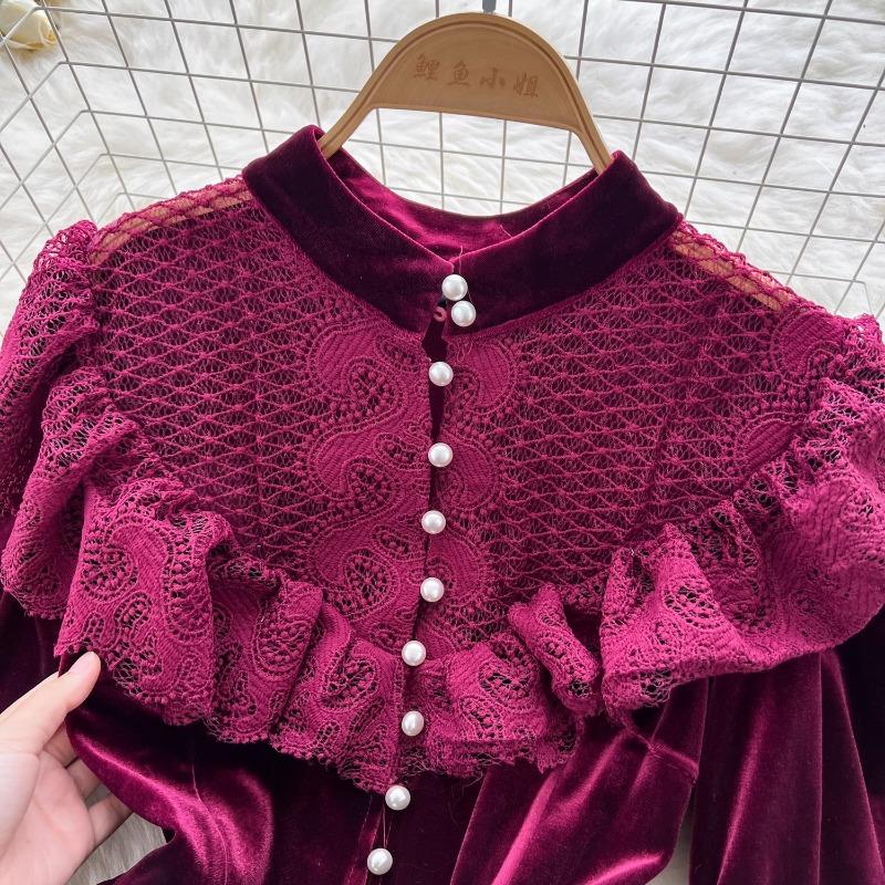 High Street Kleider Frauen Retro Hohle Spitze Patchwork Gold Samt Kleid Französisch Perle Schnalle Taille Länge Vintage Chic Kleider