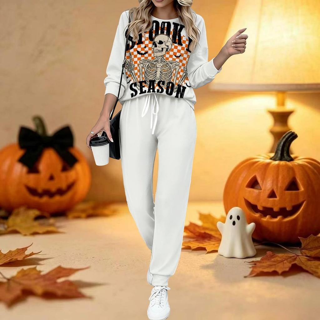 Damen Halloween Print Zweiteiliges Outfit, Langarm Rundhals Oberteil & Jogginghose mit Kordelzug Lässiger Trainingsanzug für Frühling Herbst