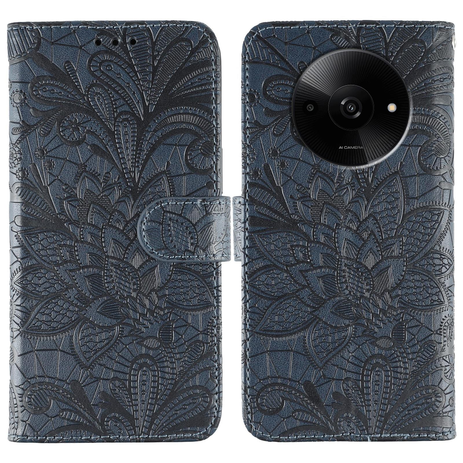 

For Xiaomi Redmi A3 4G/A3x 4G/Poco C61 4G Case Lace Flowers PU Leather Flip Wallet Phone Cover Dark Blue