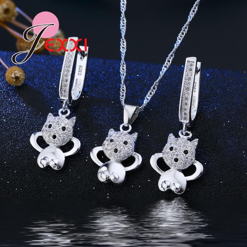 Cute Dog 925 Sterling Silver Jewelry Sets Inlaid Crystals Pendant Necklace/Earring Sets For Women Girls Birthday Gift