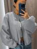Women's Autumn/Winter Bomber Jacket - Round Neck, Drop Shoulder, Lantern Sleeve, Street Style Zip Cardigan