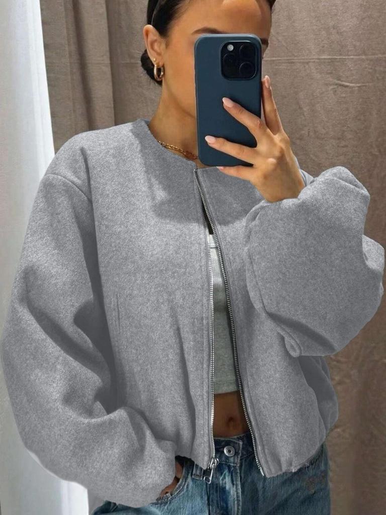 Women's Autumn/Winter Bomber Jacket - Round Neck, Drop Shoulder, Lantern Sleeve, Street Style Zip Cardigan