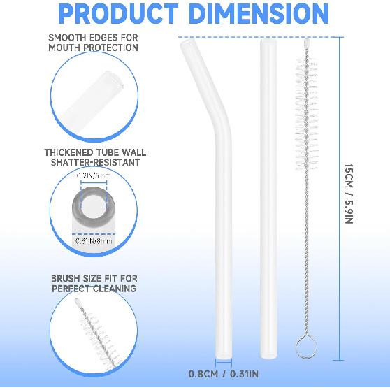 8 Pcs Glass Straws Shatter Resistant, 6” Short Glass Reble Drinking Straws with 2 Cleaning Brush, Including 4 Straight and 4 Bent Reble Straw Short