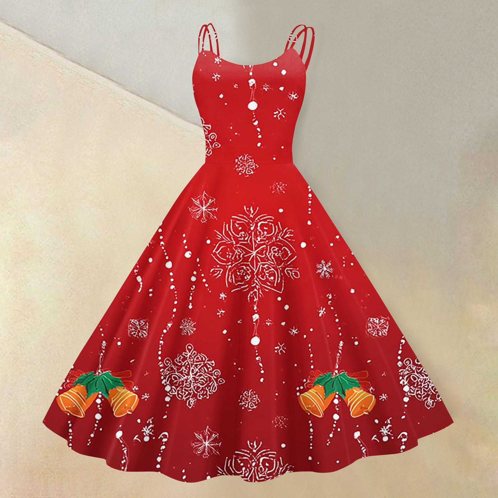 

Women s Christmas Print Sexy Off-the-Shoulder Punk Retro Dress L красный