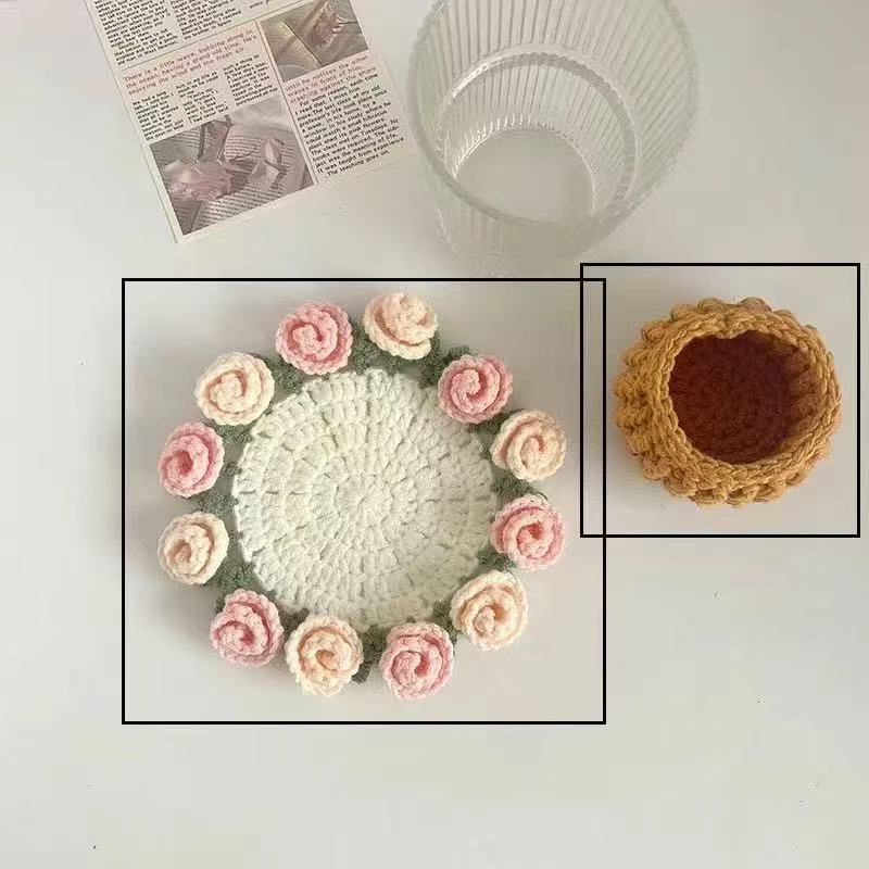 Handmade Crochet Rose Flower Coaster Set Heat-Resistant Cup Mats for Home Decor DIY Mother's Day Gift Eco-Friendly