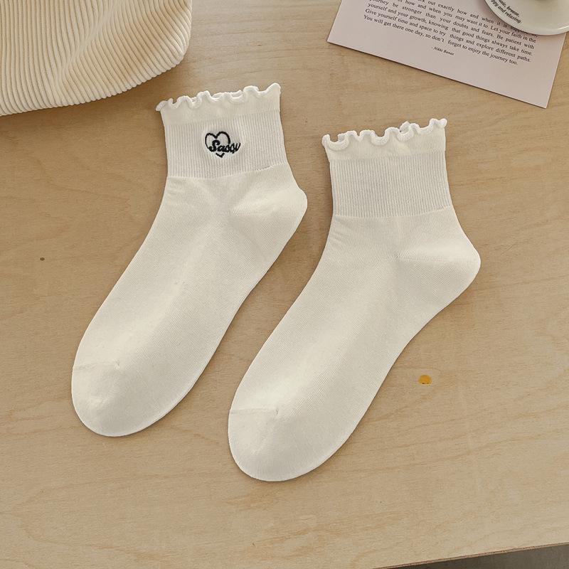 Spring Socks for Women Short Calf Black and White Mushroom Edge Solid Color Mid Calf Socks Embroidered All In One Machine Cotton Socks Thin Style