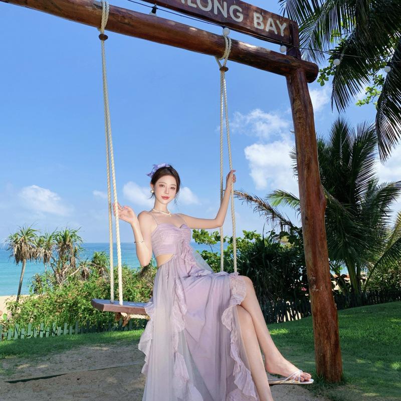1011 holiday style dress 1011 spring new design tube top long dress purple mesh skirt