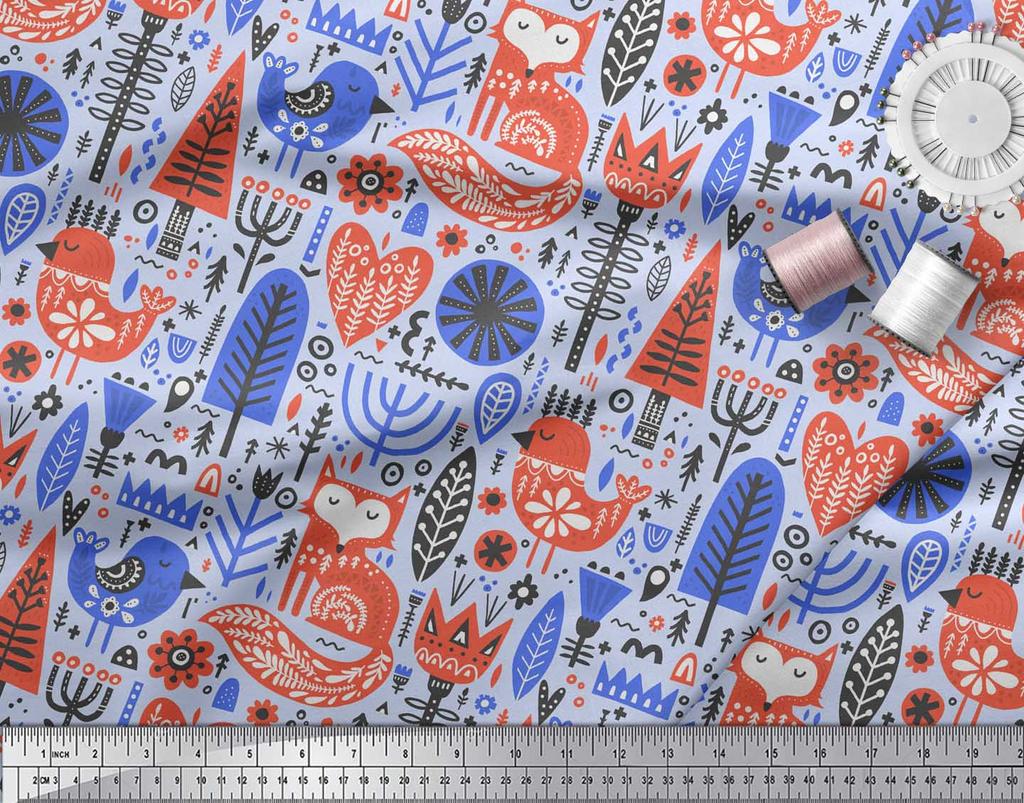 Soimoi Beige Poly Crepe Fabric Tree & Fox Folk Art Fabric Prints By Metre 42 Inch