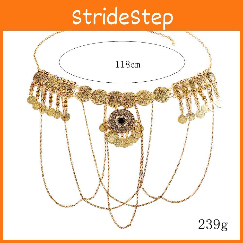 Antique Metal Gold Carved Waist Chain Women Accessory With Tassel Elements