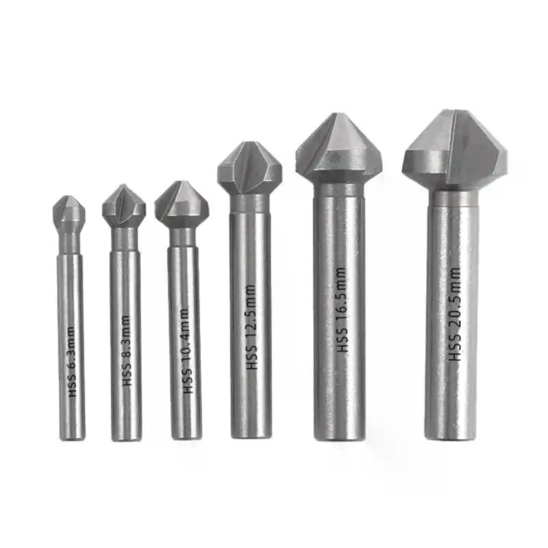 High-Speed Steel 6-Piece Set 3-Flute 90-Degree Angle Drill Bit Countersink Tool for Wood and Metal Deburring