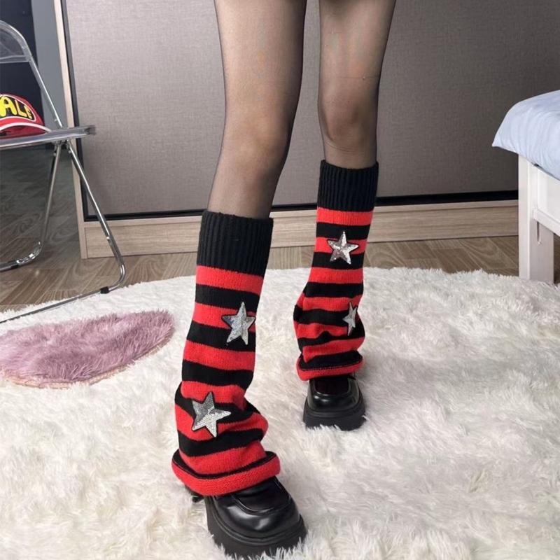 Girls Lolitas Leg Warmers Y2K Star Knitted Flared Leg Sleeves Goth Baggy Cuffs Ankle Heap Socks JK Uniform Foot Cover