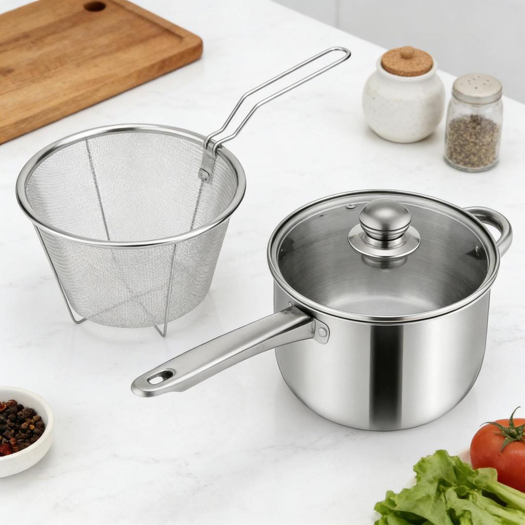 Long Handle Stainless Steel Deep Frying Pot Kitchen Utensils Nonstick Deep Fryer Pan for Cooking French Fries Home Restaurant