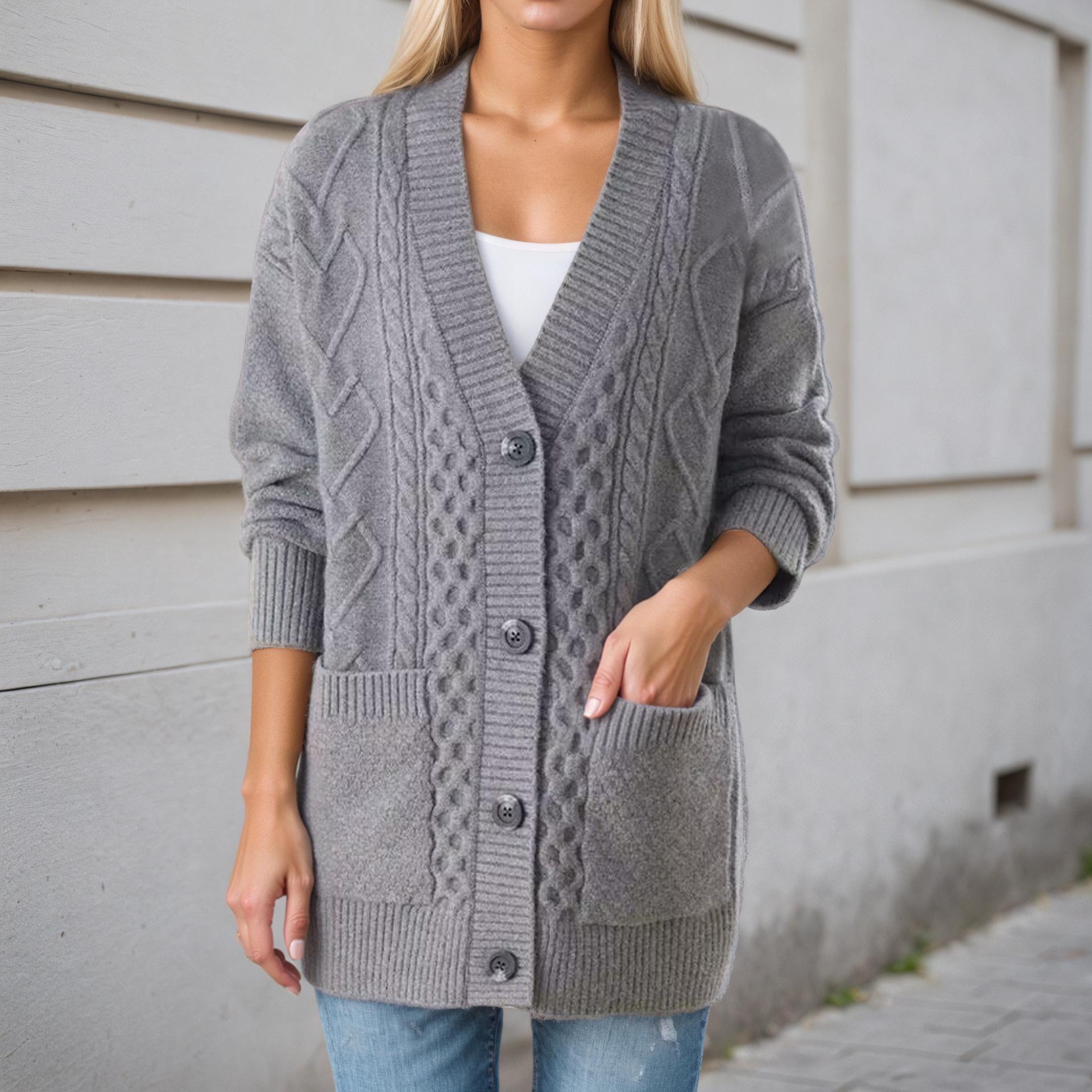 

2026 Autumn/Winter Mid-Length V-Neck Jacquard Solid Color Knit Cardigan Large сірий колір