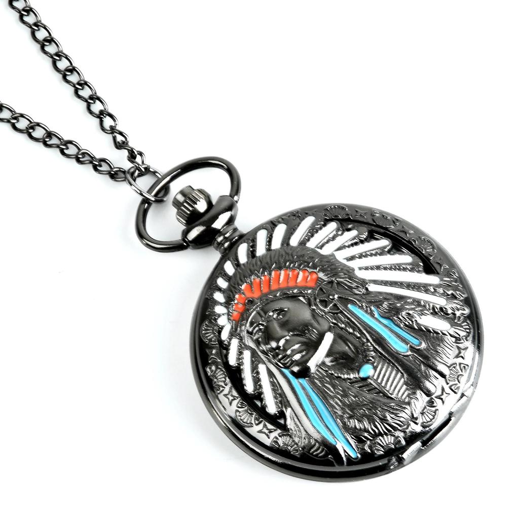 Duży Retro Nostalgiczny Kwarcowy Zegarek Kieszonkowy Naszyjnik ze Wzorem Indyjskim - Model 1005