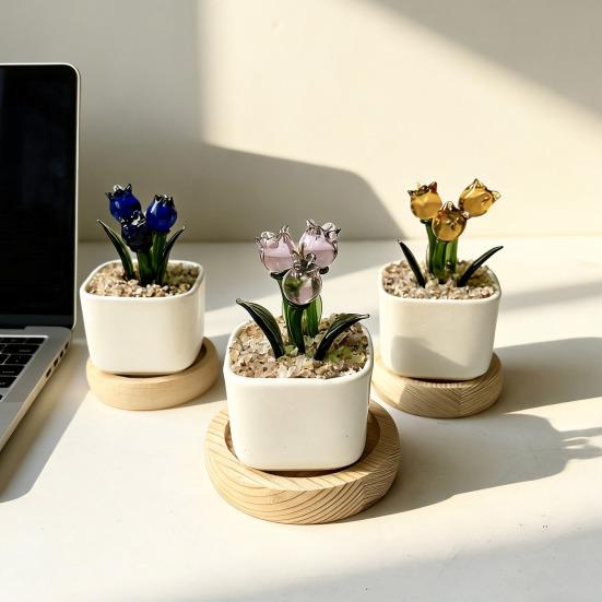 Mini Potted Glass Flower Decoration Miniature Tulip Flower Planter Pot Figurine Statue Home Office Bookshelf Desktop Ornament