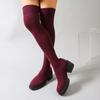 Winter Round Head Fly-Woven Thin Knee Boots Large Size Thick-Soled Medium Heel Elastic Thin Boots Women