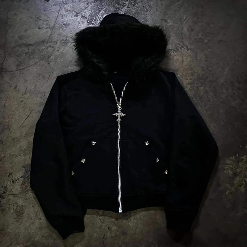 DRIPX Cardigan de Felpa con Cuello de Strass Europeo y Americano Sudadera con Cremallera y Strass Estilo Oscuro Y2k Tendencia Callejera para Hombre y Mujer H