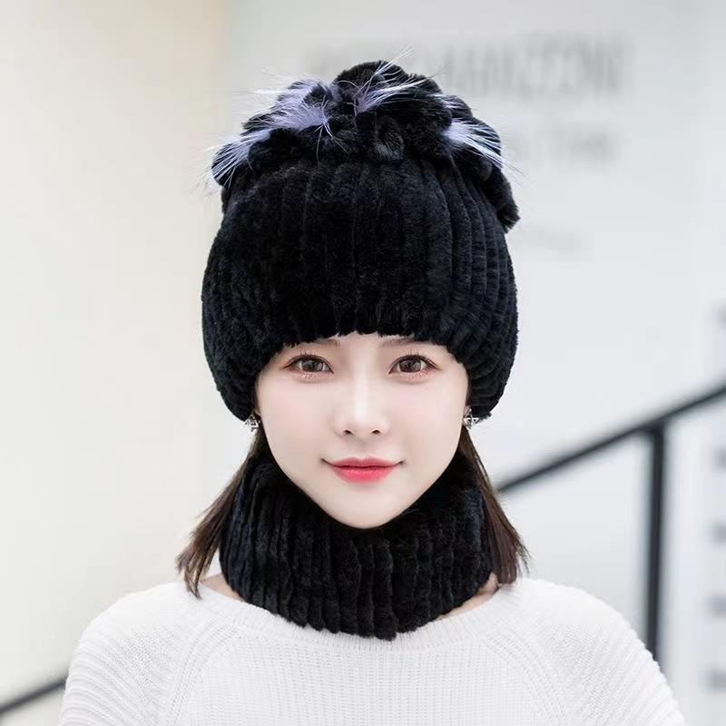New Rex Rabbit Hair Knitted Hat Women's Autumn and Winter Thickened Ear Protection Warm Elastic Knitted Fur Hat Scarf