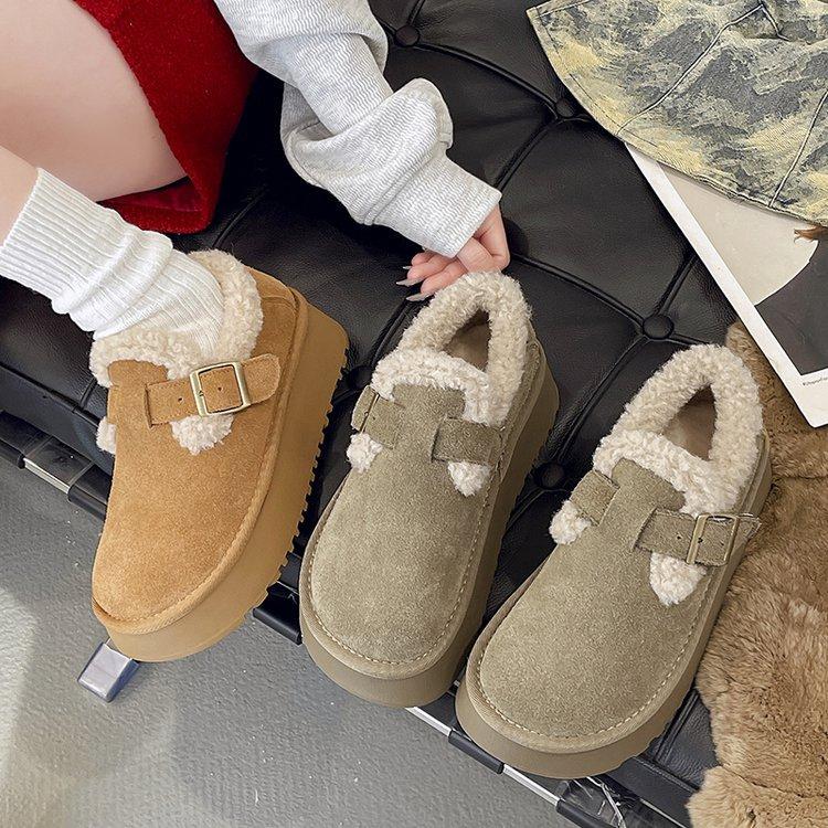 Platform Snow Boots Women's Winter Velvet Maillard Loafer Cotton Shoes 2025 New One-pedal Retro Boken Shoes
