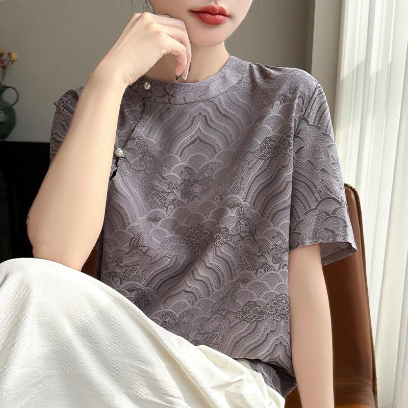 Summer New Round Collar Short-sleeved T-shirt Female National Style Foreign Style Show Thin Reduce Age Jacquard Jacket