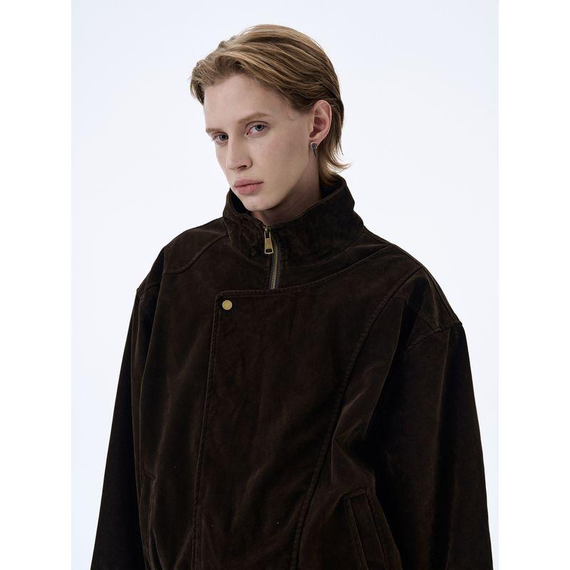 Kisko Design-Inspired Vintage Suede Diagonal Placket Stand Collar Unisex Autumn and Winter Trendy Brand Cool Silhouette Vintage Jacket