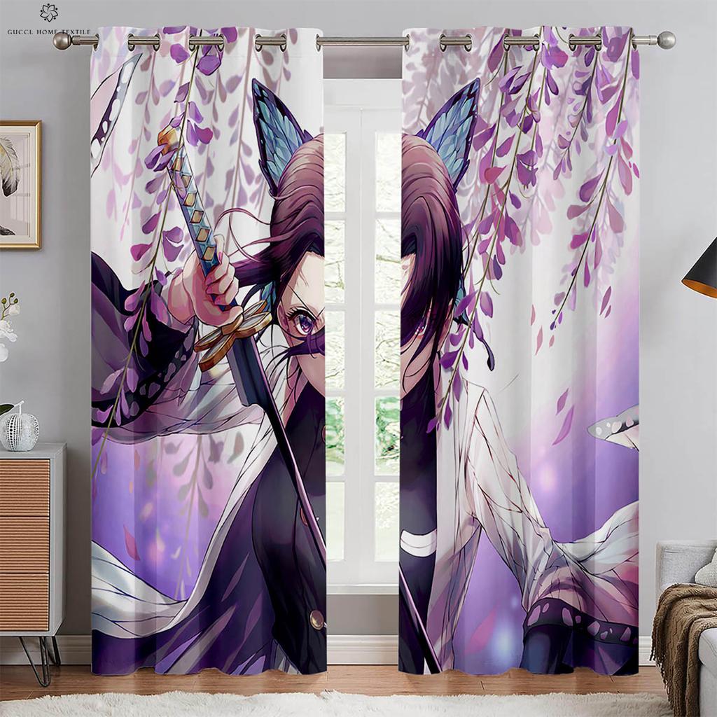 Japanese Anime Print Curtains for Kids Room, Bedroom, Living Room, Kitchen Decorative Curtains, Home Decoration, 2 PCs