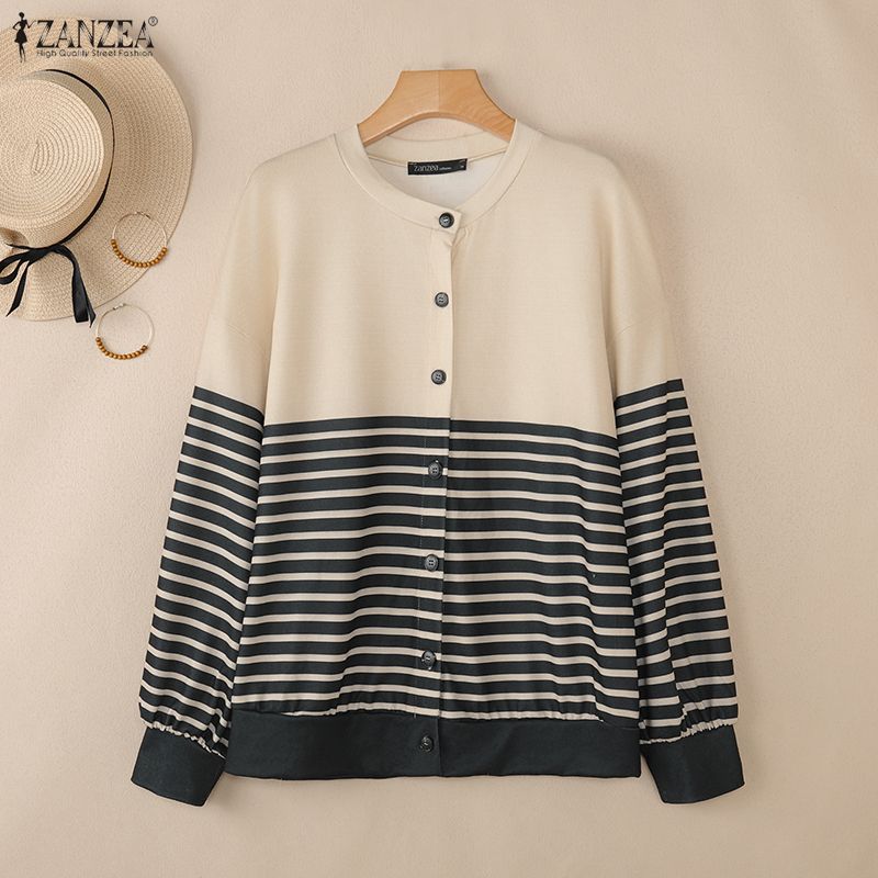 ZANZEA Blusa feminina casual gola redonda manga comprida listrada