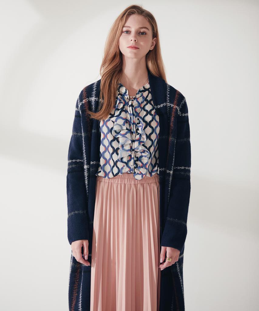 Not No-Button Wool Check Long Cardigan