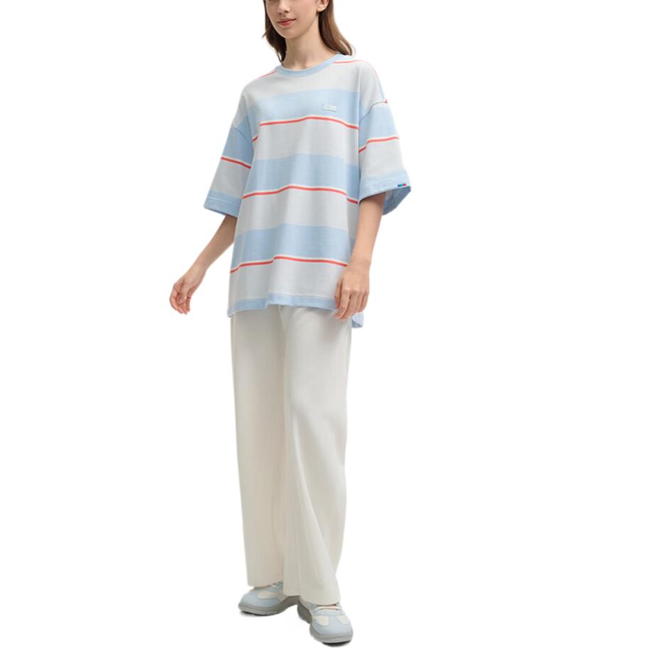 Fila Original Soft Breathable Striped Comfortable Fashion Logo Short Sleeve T-Shirt Unisex Tops Sky-Blue F51M529107F-LB