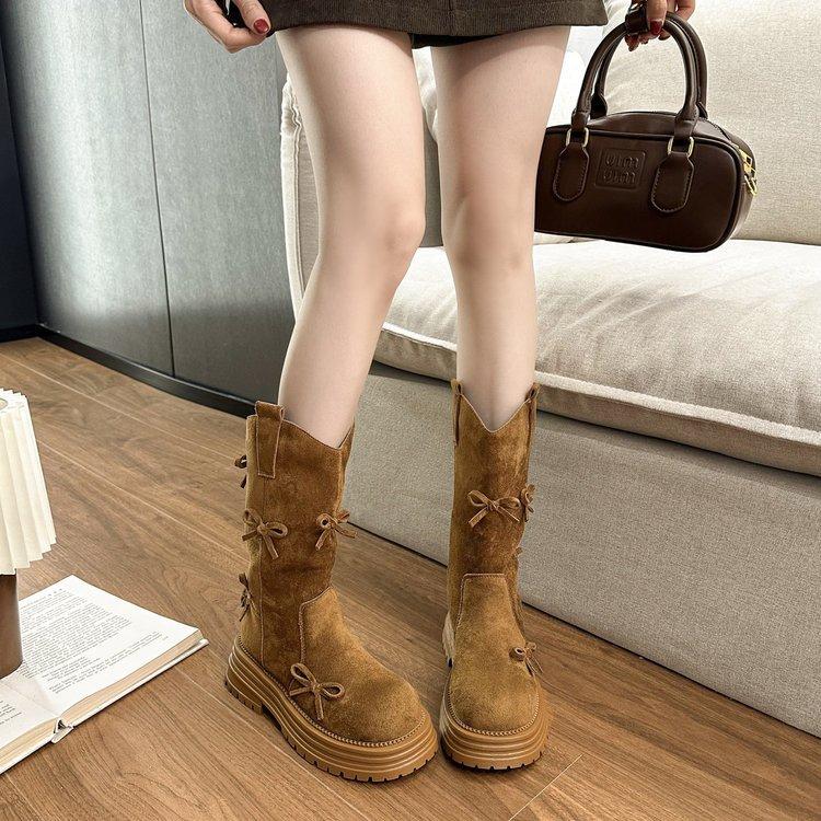 Retro Leather Bow Western Boots Women's 2025 Autumn New V-mouth Thick-soled Heightening Casual Versatile Stacking Boots