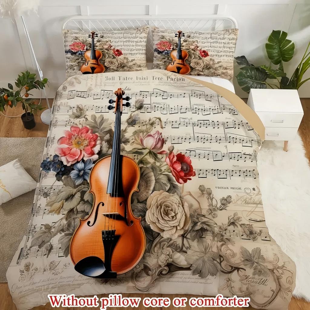 Violin Score Rose 3D Printed Bedding Set Pillowcase Classical Music Art Retro Style Quilt Cover Home Textiles Duvet Cover Set