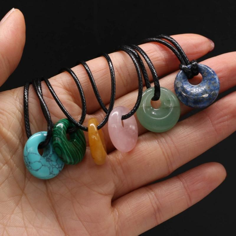 18mm Circle Healing Crystals Necklace Natural Semi-Precious Chakras Gemstones Amulet Lucky Coin Charm Protection