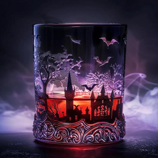 Gothic Vampires Whiskey Decanter Glass Liquor Bottle with Bat Castle