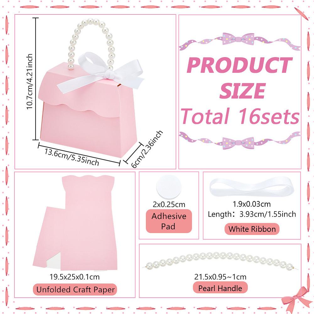 16sets Trapezoid Paper Gift Box with Plastic Imitation Pearl Handles for Gift Giving & Packaging Pearl Pink Finished Product: 13.6x6x10.7cm