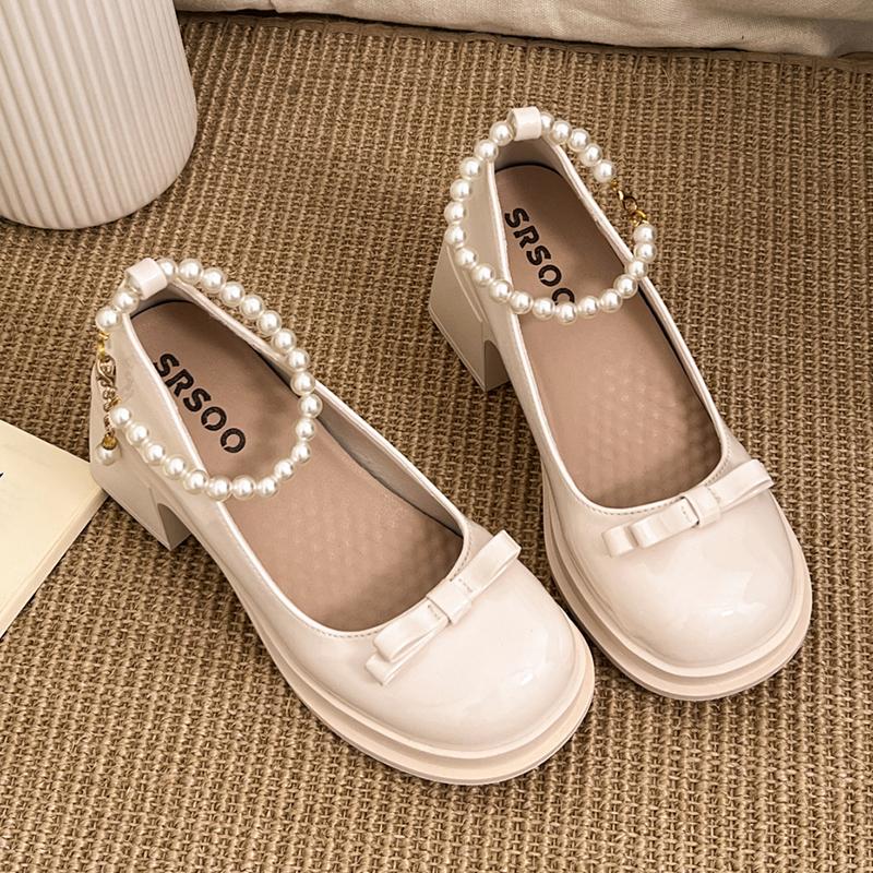 Fashion Elegant Pearls Chain High Heels Mary Jane Shoes Women 2025 Bowknot Thick Heel Pumps Woman Round Neck Patent Leather Party Shoes