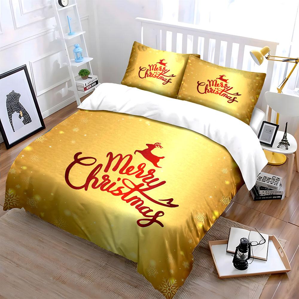 Merry Christmas Golden Design Bedding Duvet Cover Set Duvet Cover Pillowcases (1*Duvet Cover 2*Pillowcases, without duvet insert)