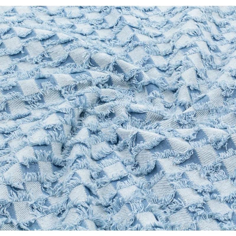 100x145cm Jacquard Denim Checkerboard TasselFabric Hand Wash DIY Bag Coat Clothing Designer Fabric Sewing Cotton Denim Fabric