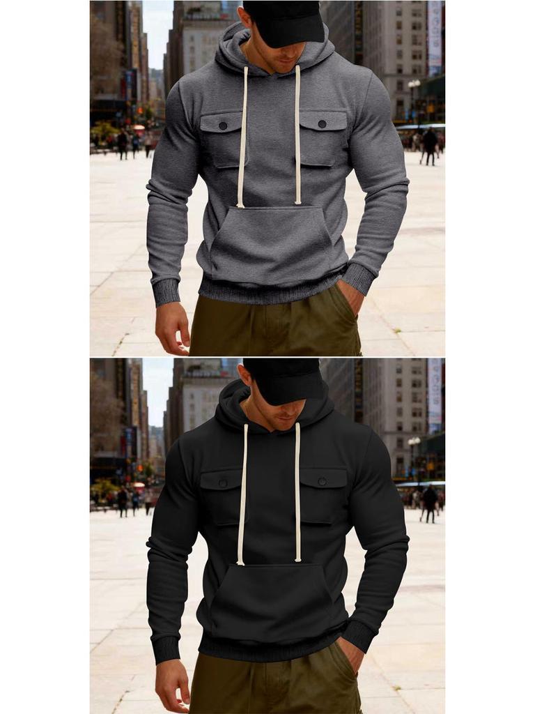 Men's American Style Heavyweight Plus Velvet Hooded Outdoor Workwear Sweatshirt - Multi-Pocket, Long Sleeve, Autumn/Winter Warmth